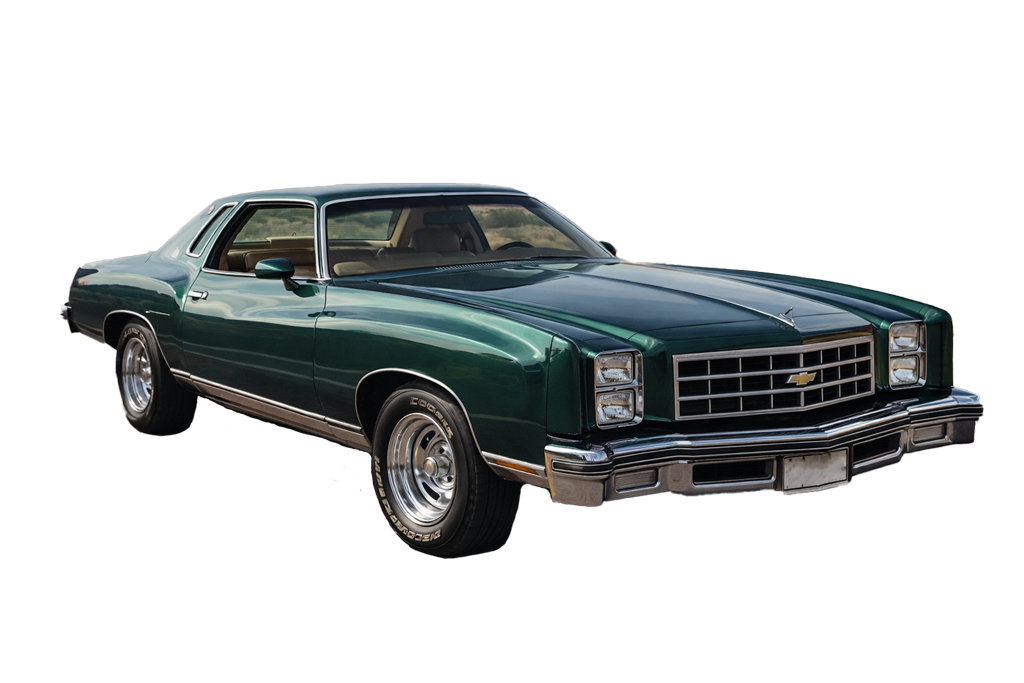 Chevrolet Monte Carlo 1977 color Emerald Green vista exterior lateral frontal fondo transparente