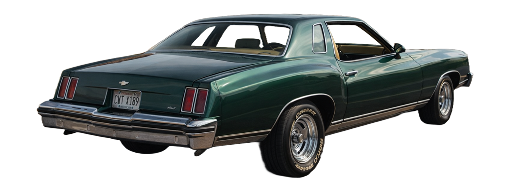 Chevrolet Monte Carlo 1977 color Emerald Green vista exterior lateral trasera fondo transparente
