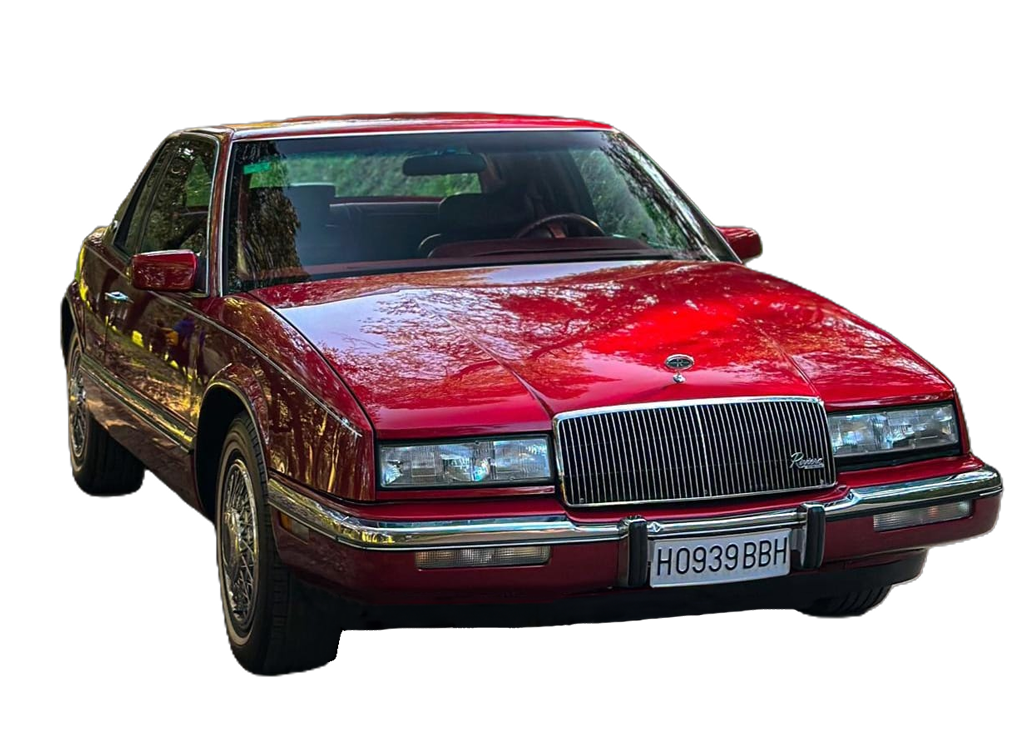 Buick Riviera 1990 color Deep Crimson Red vista frontal ladeado en carretera recorte fondo transparente