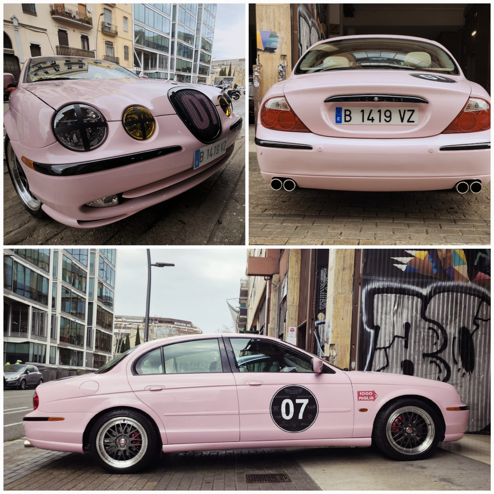 Jag STO 07 clásico moderno basado en Jaguar S-Type vista exterior frontal trasero lateral color Sakura Miami Pink